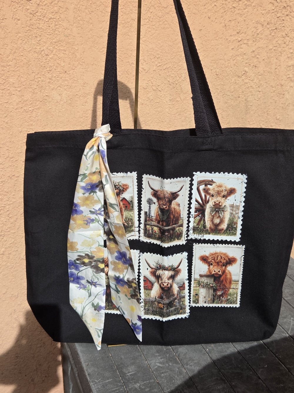 Black Canvas Tote Bag with Highland Cow Stamp Panels and Floral Scarf